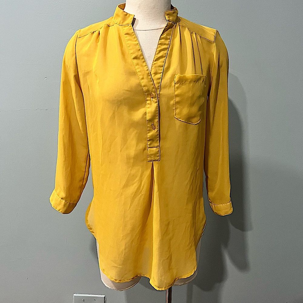 Truth Nordstrom Mustard Yellow Sheer Roll Tab Blouse Size Small